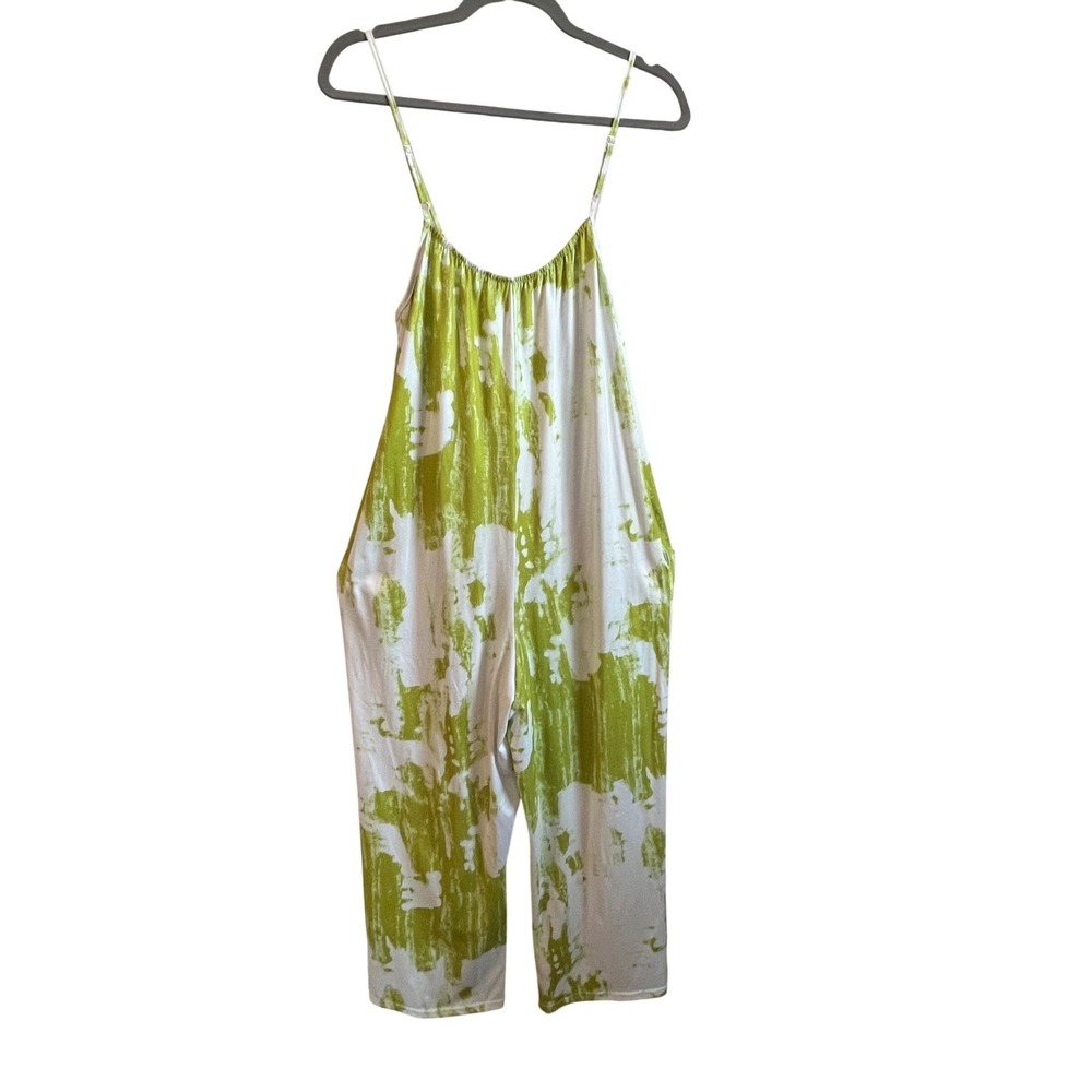 Lime Green White Tie Dye Wide Leg Jumpsuit Medium Cotton Blend Pockets Boho